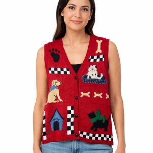 Vintage Capacity Petite Small Dog Print Sleeveless Button Down Knit Sweater Vest